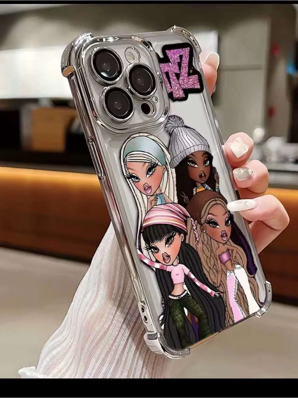 Clear Protective Phone Case with Pink & Purple Cartoon Girls Design